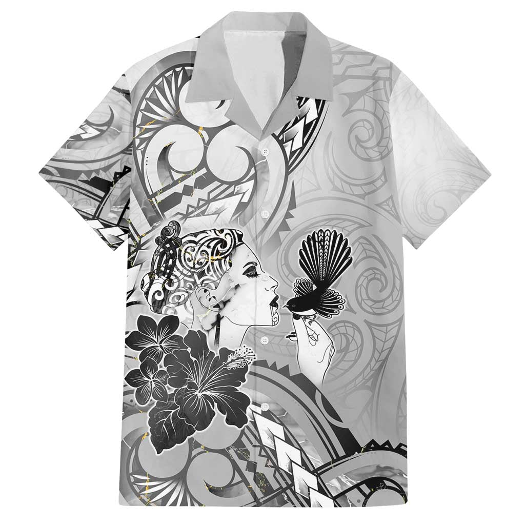 Aotearoa Maori Wahine Family Matching Off Shoulder Short Dress and Hawaiian Shirt Fantail Bird Black Gold Marble