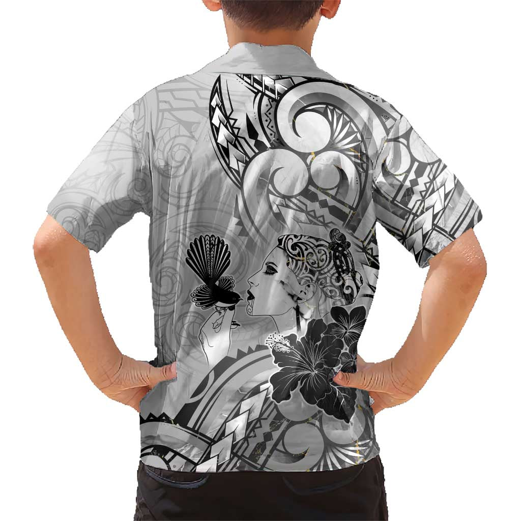 Aotearoa Maori Wahine Family Matching Short Sleeve Bodycon Dress and Hawaiian Shirt Fantail Bird Black Gold Marble LT05 - Polynesian Pride