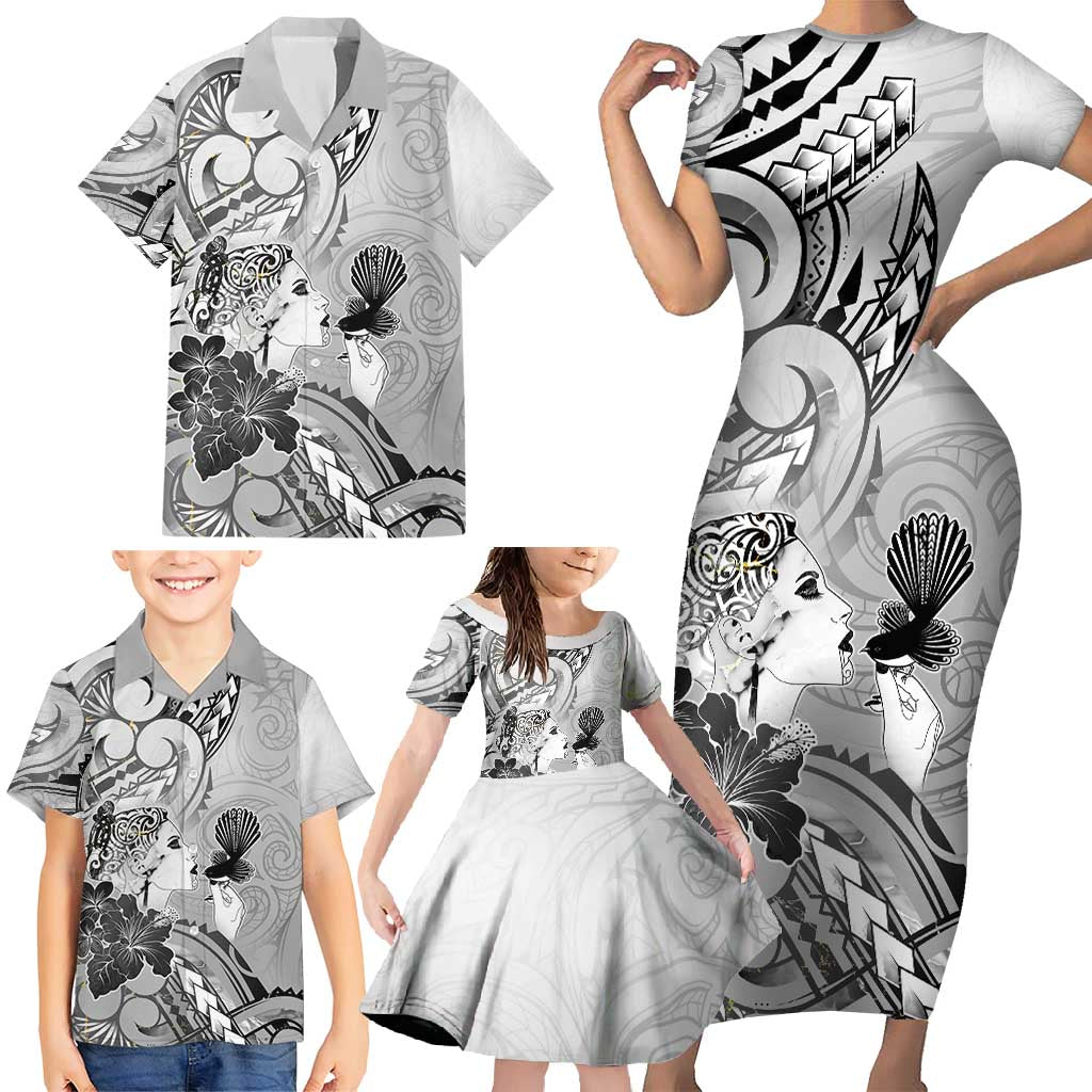 Aotearoa Maori Wahine Family Matching Short Sleeve Bodycon Dress and Hawaiian Shirt Fantail Bird Black Gold Marble