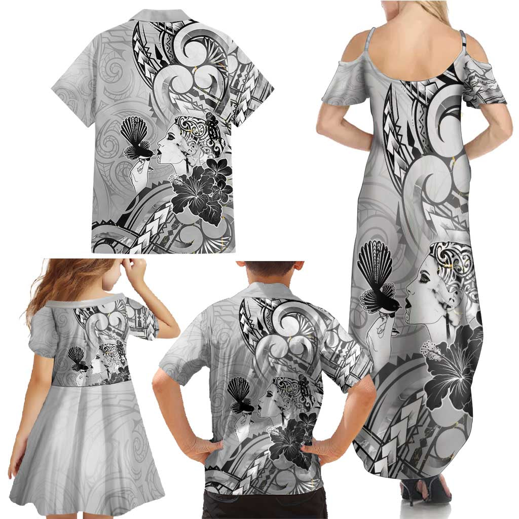 Aotearoa Maori Wahine Family Matching Summer Maxi Dress and Hawaiian Shirt Fantail Bird Black Gold Marble