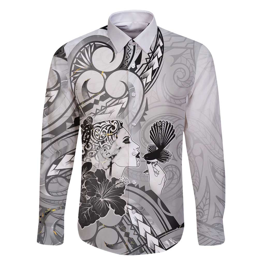 Aotearoa Maori Wahine Family Matching Tank Maxi Dress and Hawaiian Shirt Fantail Bird Black Gold Marble LT05 Dad's Shirt - Long Sleeve Black - Polynesian Pride