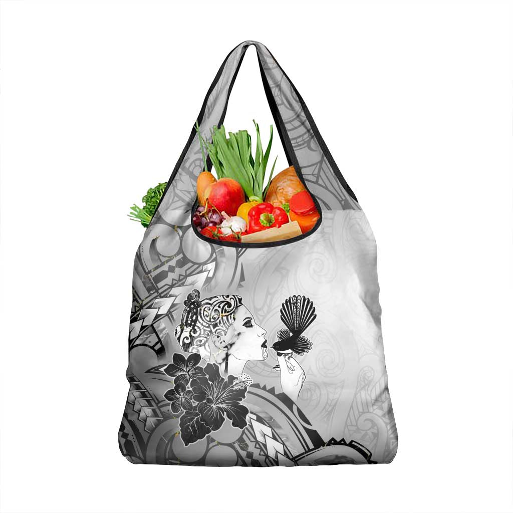 Aotearoa Maori Wahine Grocery Bag Fantail Bird Black Gold Marble