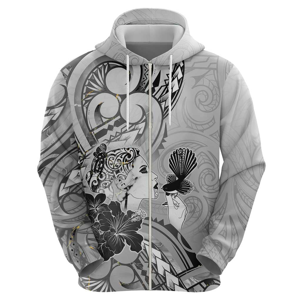 Aotearoa Maori Wahine Hoodie Fantail Bird Black Gold Marble