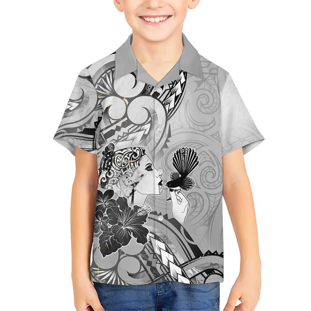 Aotearoa Maori Wahine Kid Hawaiian Shirt Fantail Bird Black Gold Marble