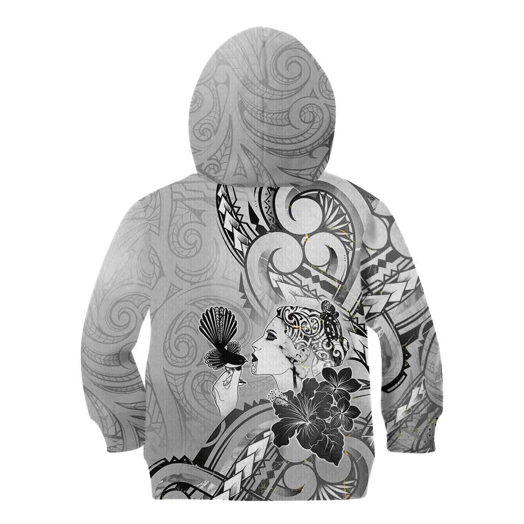 Aotearoa Maori Wahine Kid Hoodie Fantail Bird Black Gold Marble