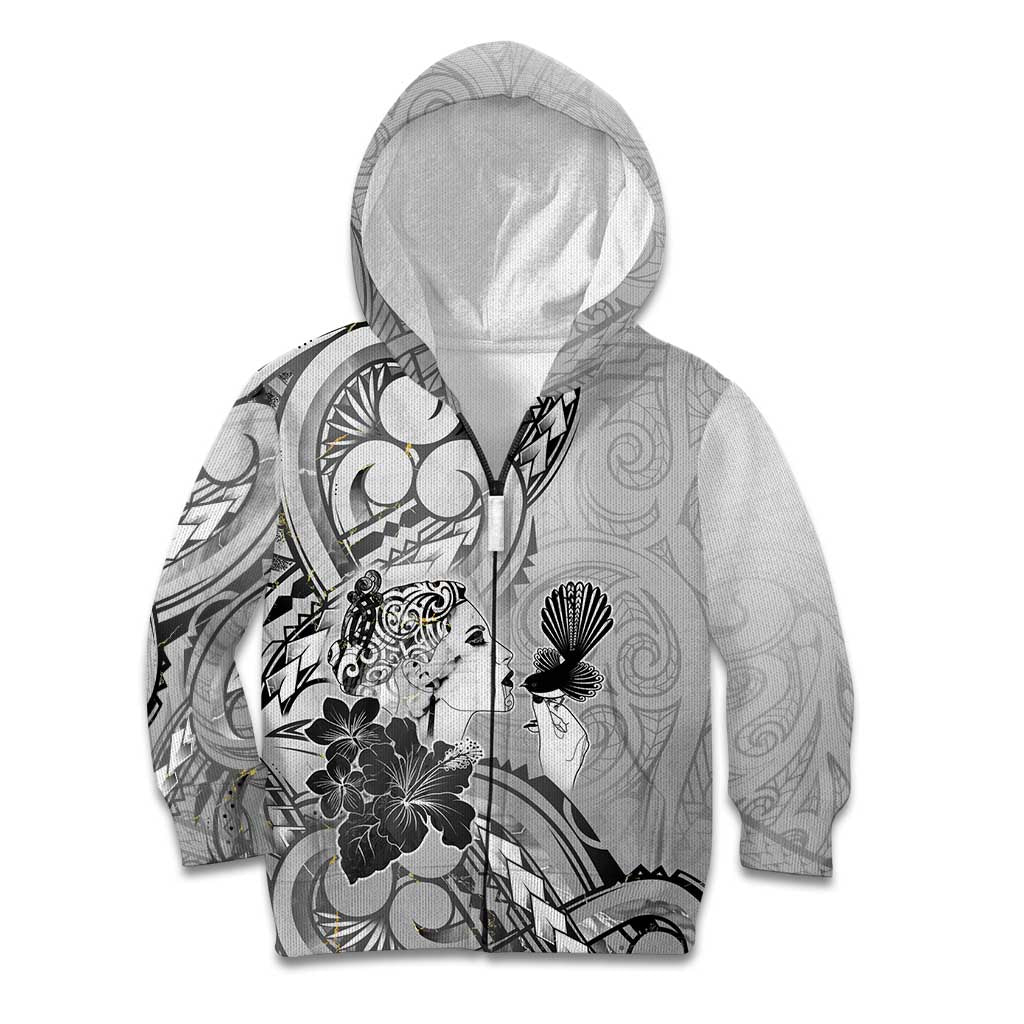 Aotearoa Maori Wahine Kid Hoodie Fantail Bird Black Gold Marble