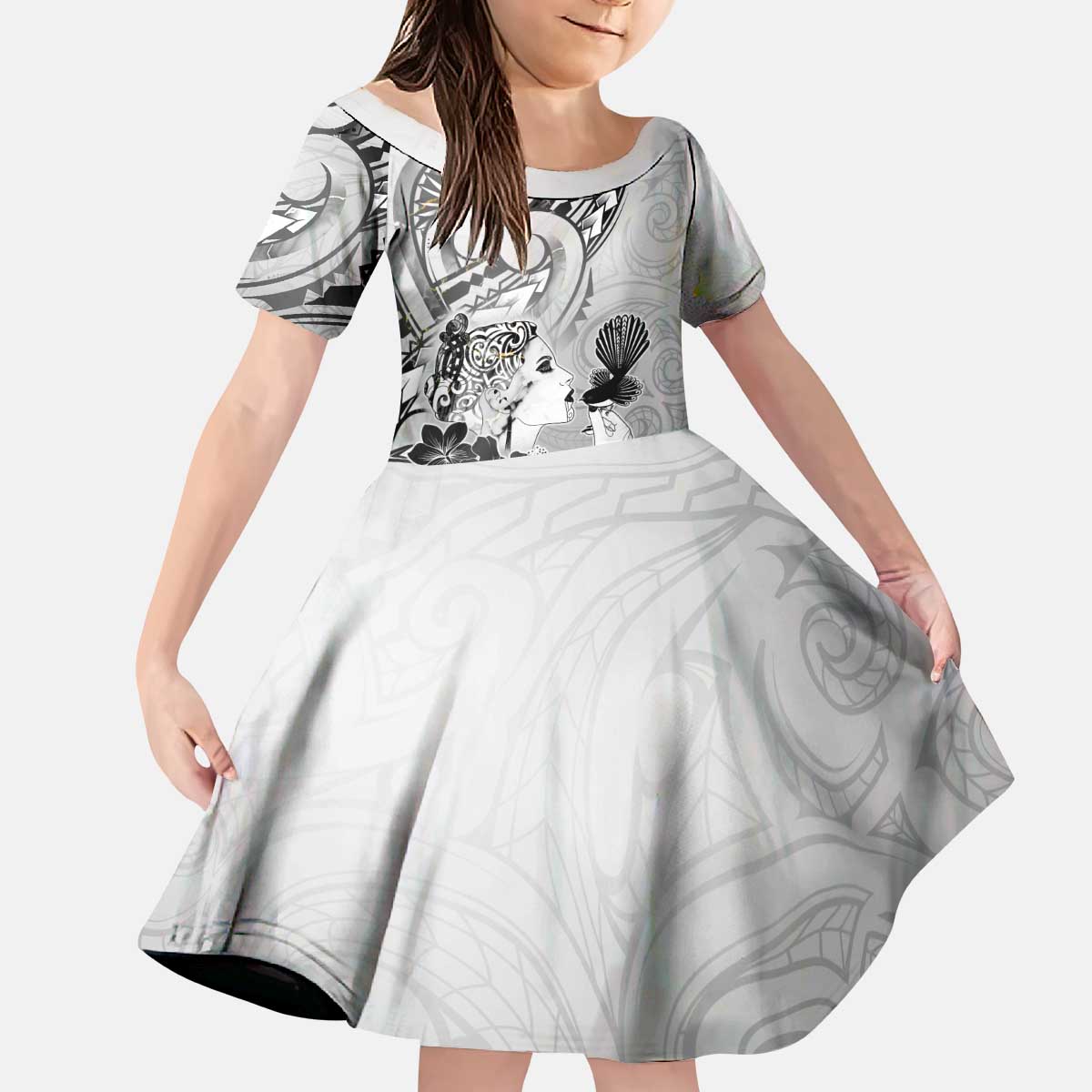 Aotearoa Maori Wahine Kid Short Sleeve Dress Fantail Bird Black Gold Marble