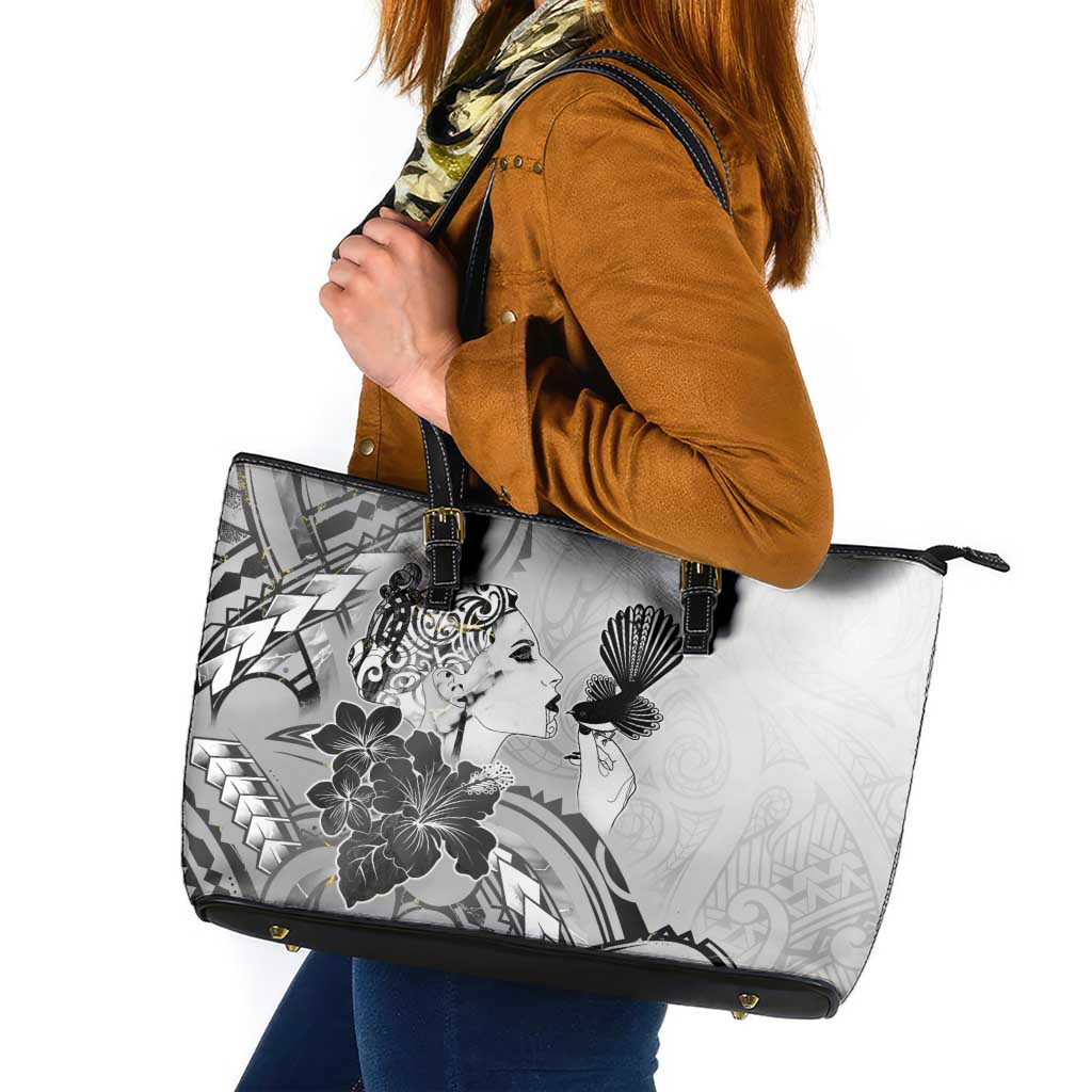 Aotearoa Maori Wahine Leather Tote Bag Fantail Bird Black Gold Marble LT05 Black - Polynesian Pride