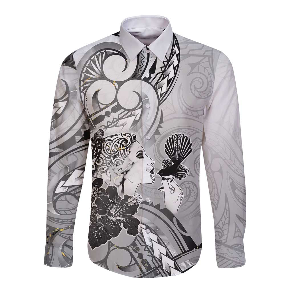 Aotearoa Maori Wahine Long Sleeve Button Shirt Fantail Bird Black Gold Marble LT05 Unisex Black - Polynesian Pride