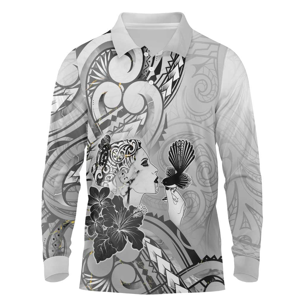 Aotearoa Maori Wahine Long Sleeve Polo Shirt Fantail Bird Black Gold Marble
