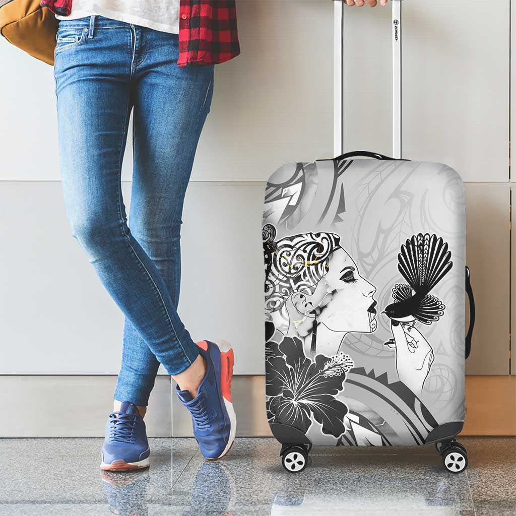 Aotearoa Maori Wahine Luggage Cover Fantail Bird Black Gold Marble