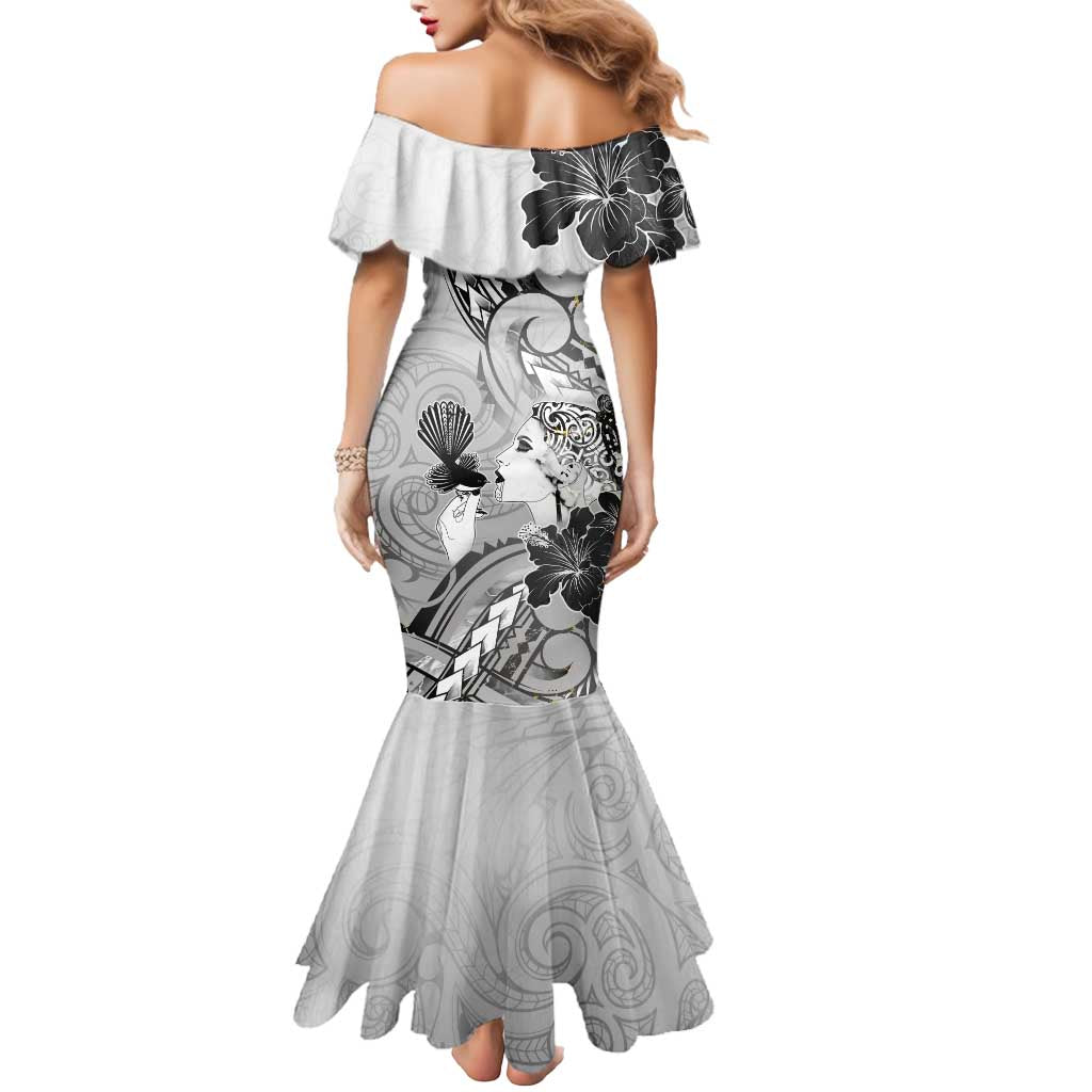 Aotearoa Maori Wahine Mermaid Dress Fantail Bird Black Gold Marble
