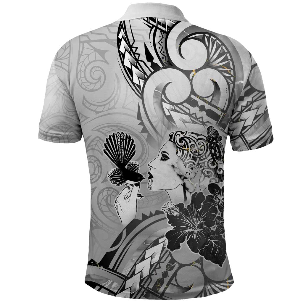 Aotearoa Maori Wahine Polo Shirt Fantail Bird Black Gold Marble