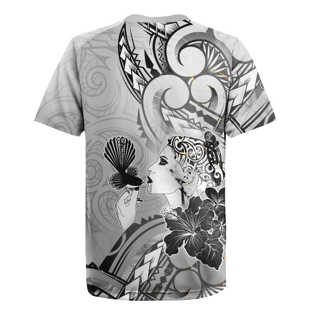 Aotearoa Maori Wahine Rugby Jersey Fantail Bird Black Gold Marble