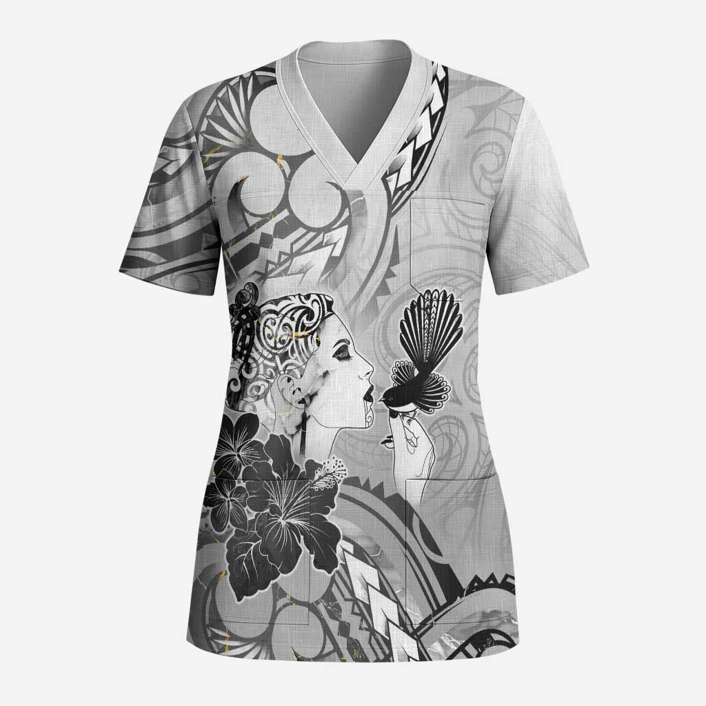 Aotearoa Maori Wahine Scrub Top Fantail Bird Black Gold Marble LT05 Adult Black - Polynesian Pride