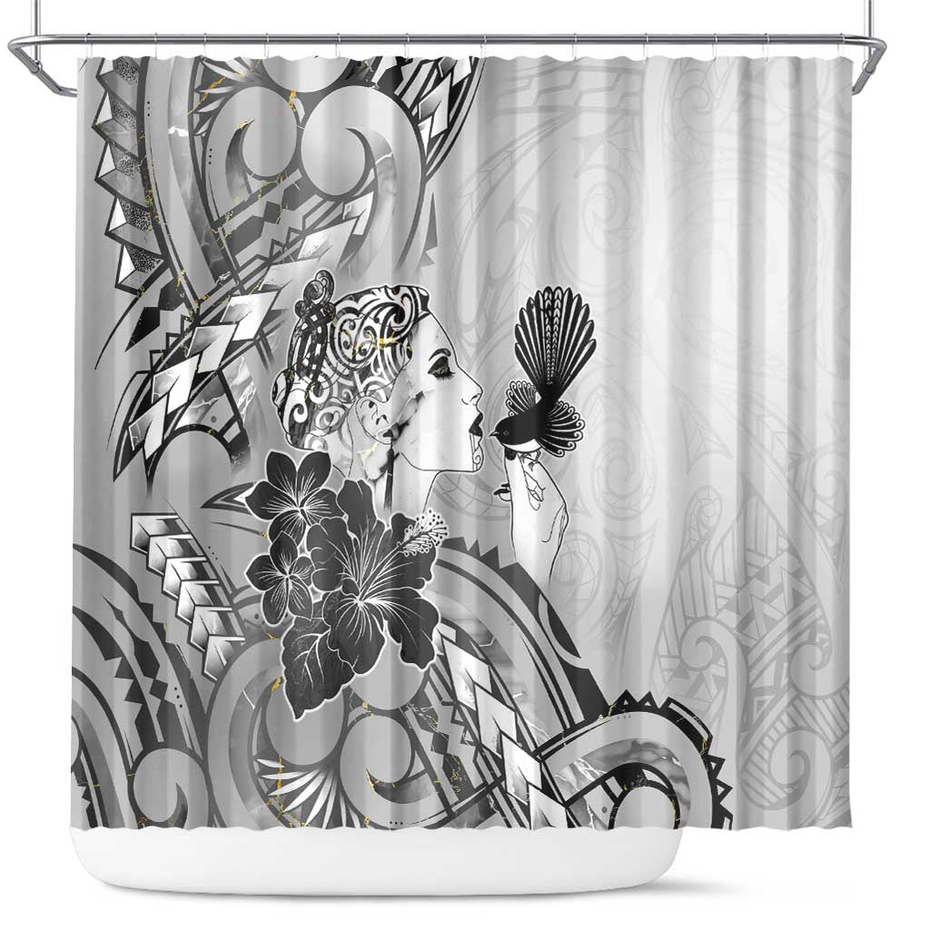 Aotearoa Maori Wahine Shower Curtain Fantail Bird Black Gold Marble LT05 Black - Polynesian Pride
