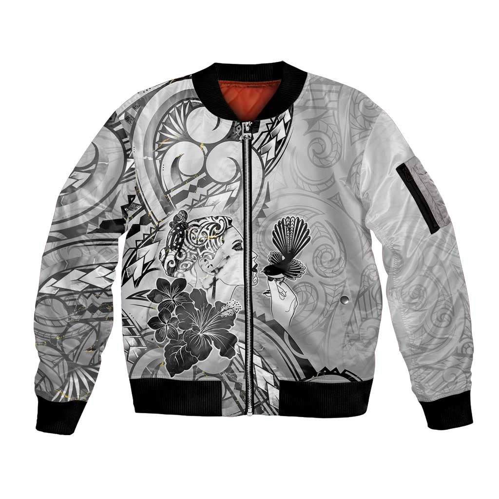 Aotearoa Maori Wahine Sleeve Zip Bomber Jacket Fantail Bird Black Gold Marble LT05 Unisex Black - Polynesian Pride