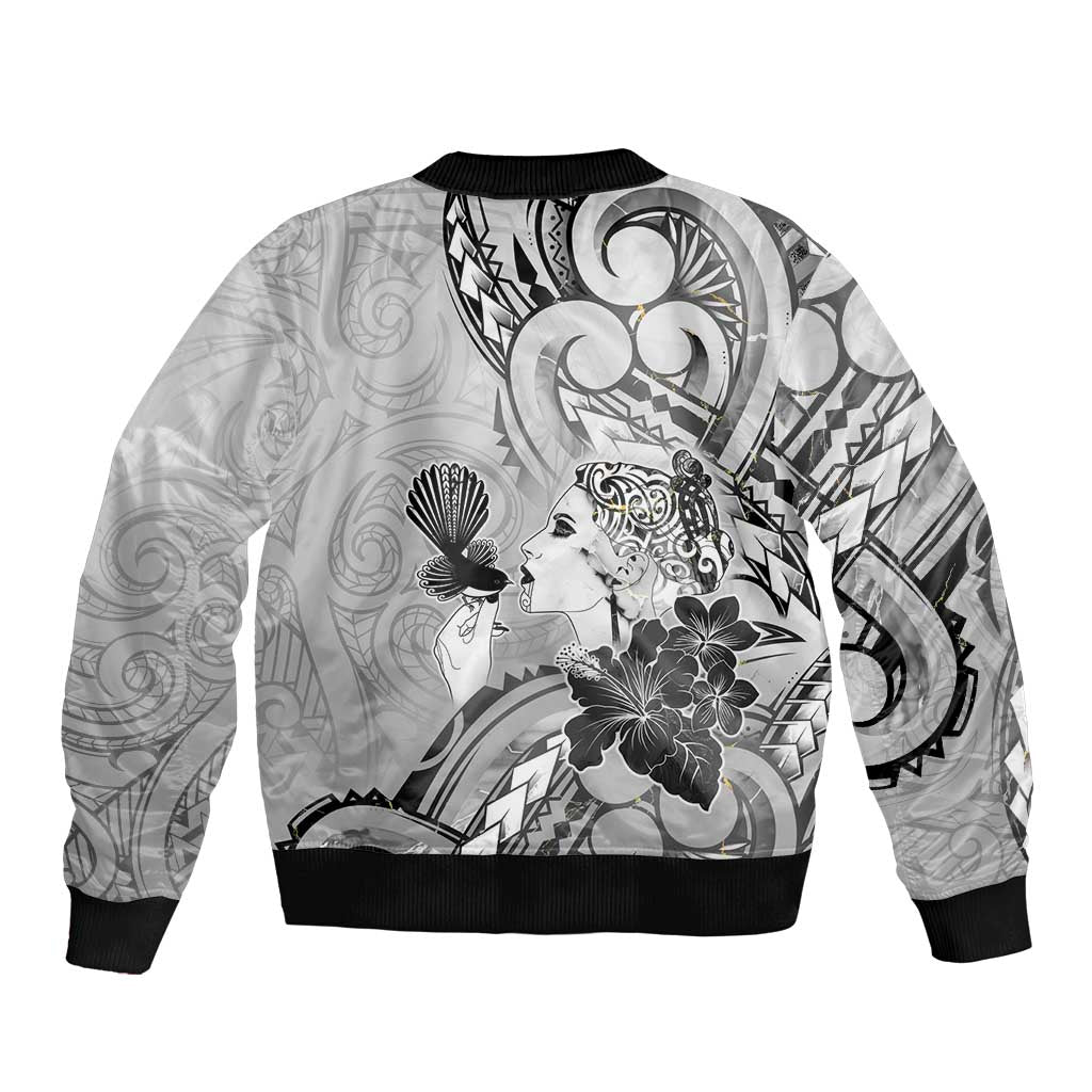 Aotearoa Maori Wahine Sleeve Zip Bomber Jacket Fantail Bird Black Gold Marble LT05 - Polynesian Pride