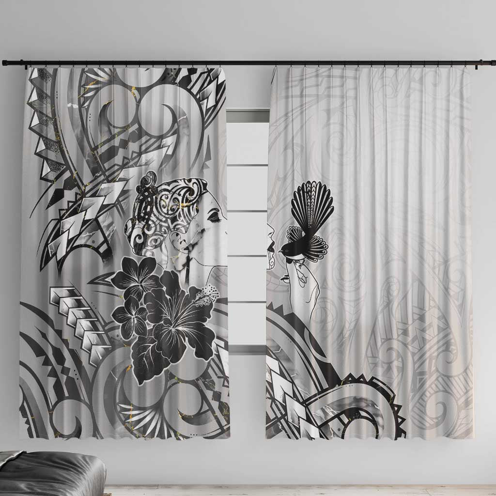 Aotearoa Maori Wahine Window Curtain Fantail Bird Black Gold Marble LT05 With Hooks Black - Polynesian Pride