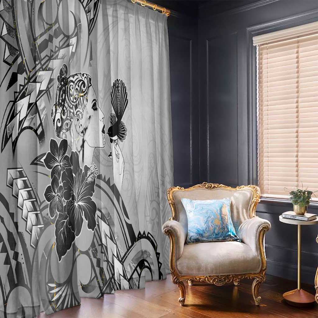 Aotearoa Maori Wahine Window Curtain Fantail Bird Black Gold Marble