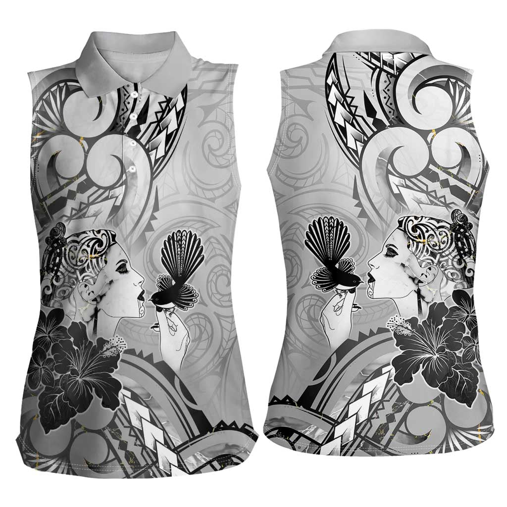 Aotearoa Maori Wahine Women Sleeveless Polo Shirt Fantail Bird Black Gold Marble