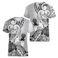 Aotearoa Maori Wahine Women V-Neck T-Shirt Fantail Bird Black Gold Marble