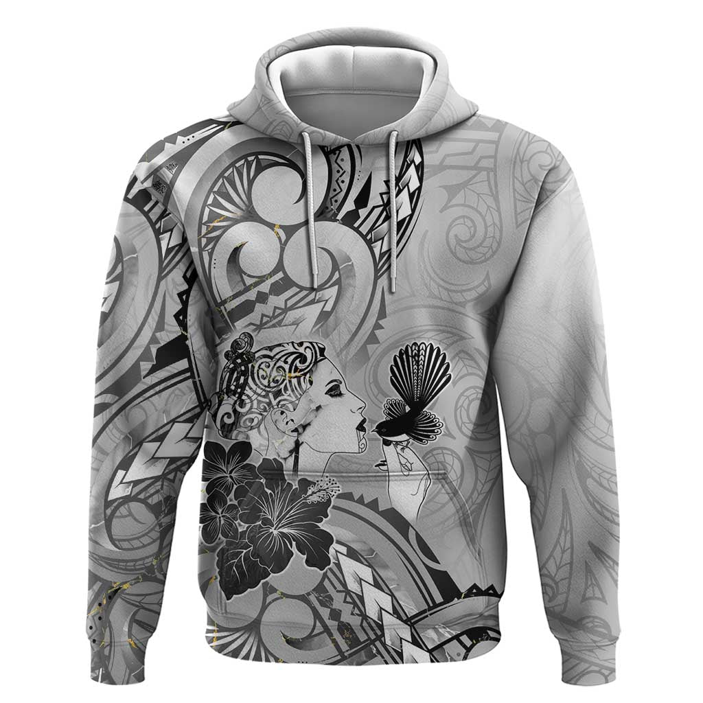 Aotearoa Maori Wahine Zip Hoodie Fantail Bird Black Gold Marble LT05 Pullover Hoodie Black - Polynesian Pride