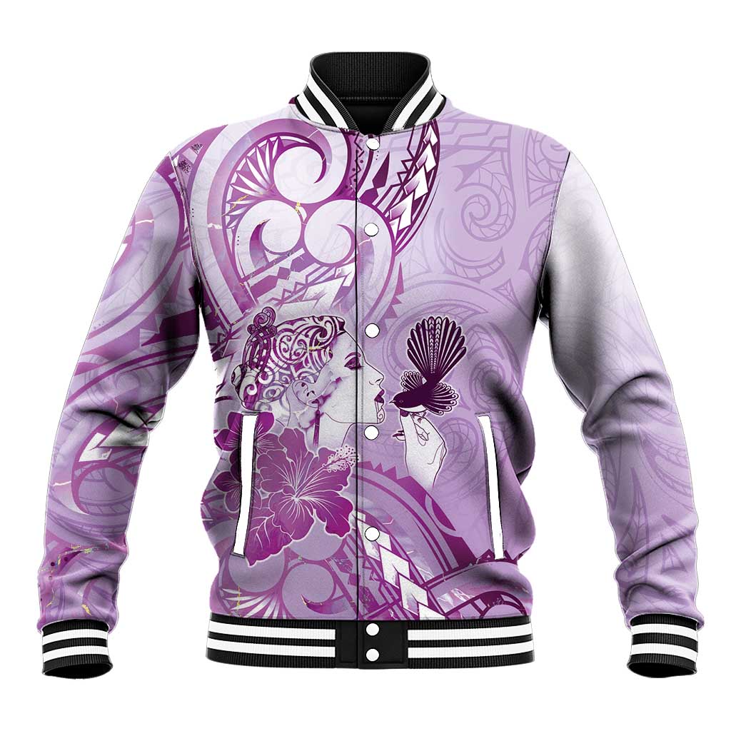 Aotearoa Maori Wahine Baseball Jacket Fantail Bird Purple Gold Marble LT05 Unisex Purple - Polynesian Pride