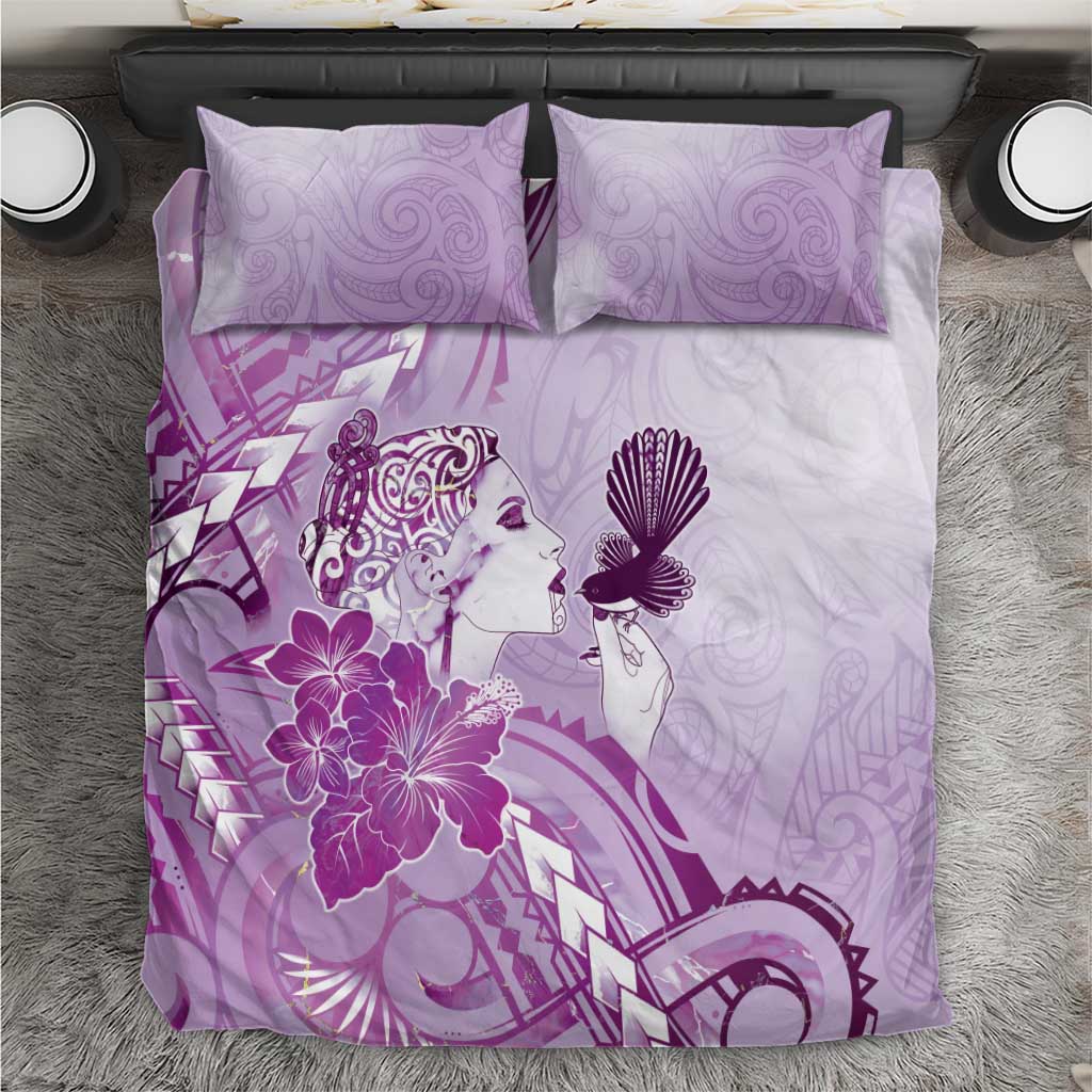 Aotearoa Maori Wahine Bedding Set Fantail Bird Purple Gold Marble LT05 Purple - Polynesian Pride
