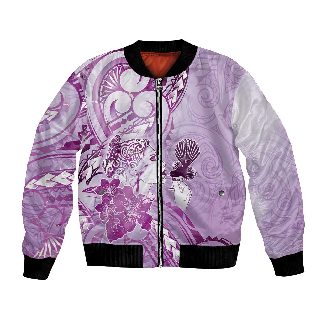 Aotearoa Maori Wahine Bomber Jacket Fantail Bird Purple Gold Marble LT05 Unisex Purple - Polynesian Pride