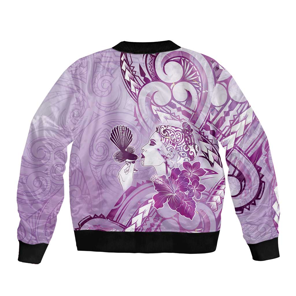 Aotearoa Maori Wahine Bomber Jacket Fantail Bird Purple Gold Marble LT05 - Polynesian Pride