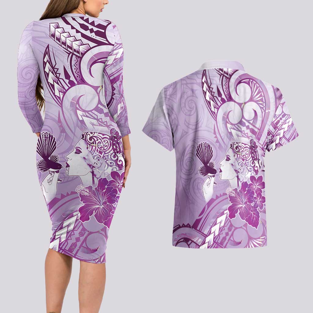Aotearoa Maori Wahine Couples Matching Long Sleeve Bodycon Dress and Hawaiian Shirt Fantail Bird Purple Gold Marble