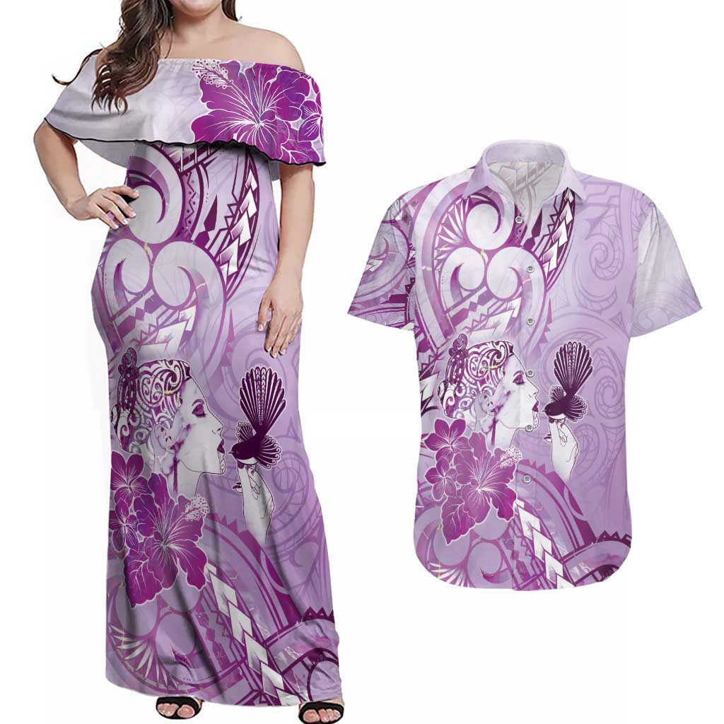 Aotearoa Maori Wahine Couples Matching Off Shoulder Maxi Dress and Hawaiian Shirt Fantail Bird Purple Gold Marble
