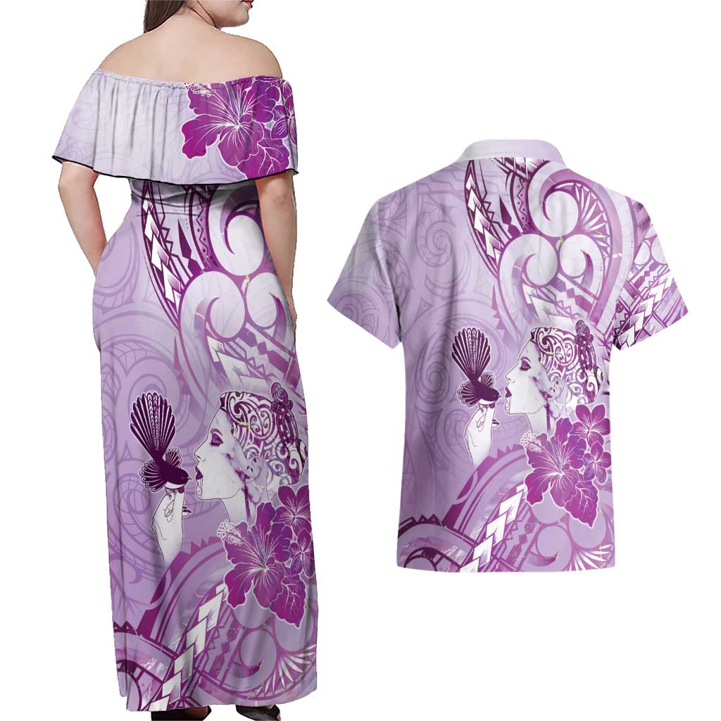 Aotearoa Maori Wahine Couples Matching Off Shoulder Maxi Dress and Hawaiian Shirt Fantail Bird Purple Gold Marble