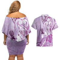 Aotearoa Maori Wahine Couples Matching Off Shoulder Short Dress and Hawaiian Shirt Fantail Bird Purple Gold Marble