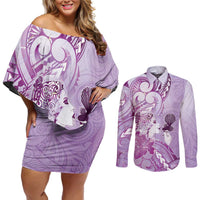 Aotearoa Maori Wahine Couples Matching Off Shoulder Short Dress and Long Sleeve Button Shirt Fantail Bird Purple Gold Marble