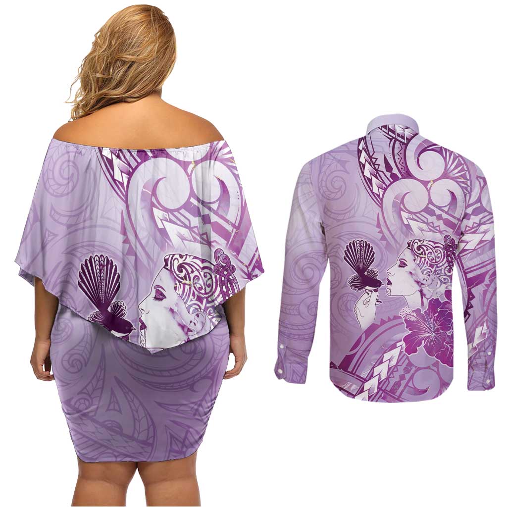 Aotearoa Maori Wahine Couples Matching Off Shoulder Short Dress and Long Sleeve Button Shirt Fantail Bird Purple Gold Marble