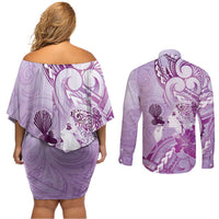Aotearoa Maori Wahine Couples Matching Off Shoulder Short Dress and Long Sleeve Button Shirt Fantail Bird Purple Gold Marble