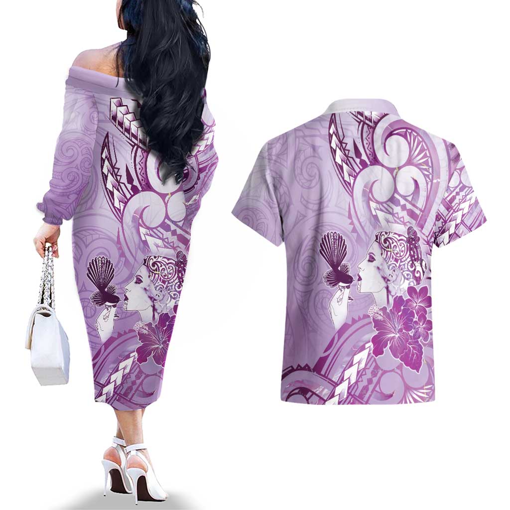 Aotearoa Maori Wahine Couples Matching Off The Shoulder Long Sleeve Dress and Hawaiian Shirt Fantail Bird Purple Gold Marble