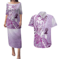 Aotearoa Maori Wahine Couples Matching Puletasi and Hawaiian Shirt Fantail Bird Purple Gold Marble