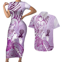 Aotearoa Maori Wahine Couples Matching Short Sleeve Bodycon Dress and Hawaiian Shirt Fantail Bird Purple Gold Marble