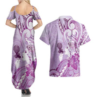 Aotearoa Maori Wahine Couples Matching Summer Maxi Dress and Hawaiian Shirt Fantail Bird Purple Gold Marble