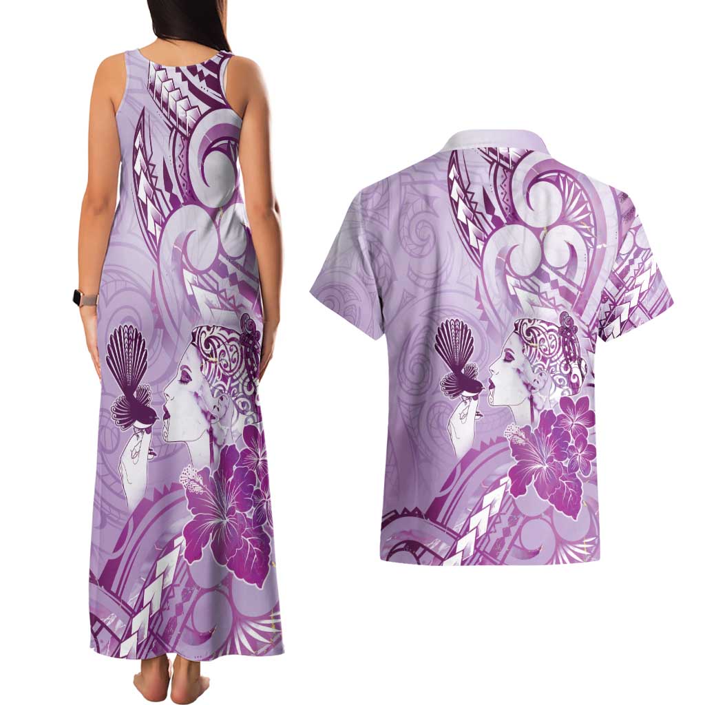 Aotearoa Maori Wahine Couples Matching Tank Maxi Dress and Hawaiian Shirt Fantail Bird Purple Gold Marble