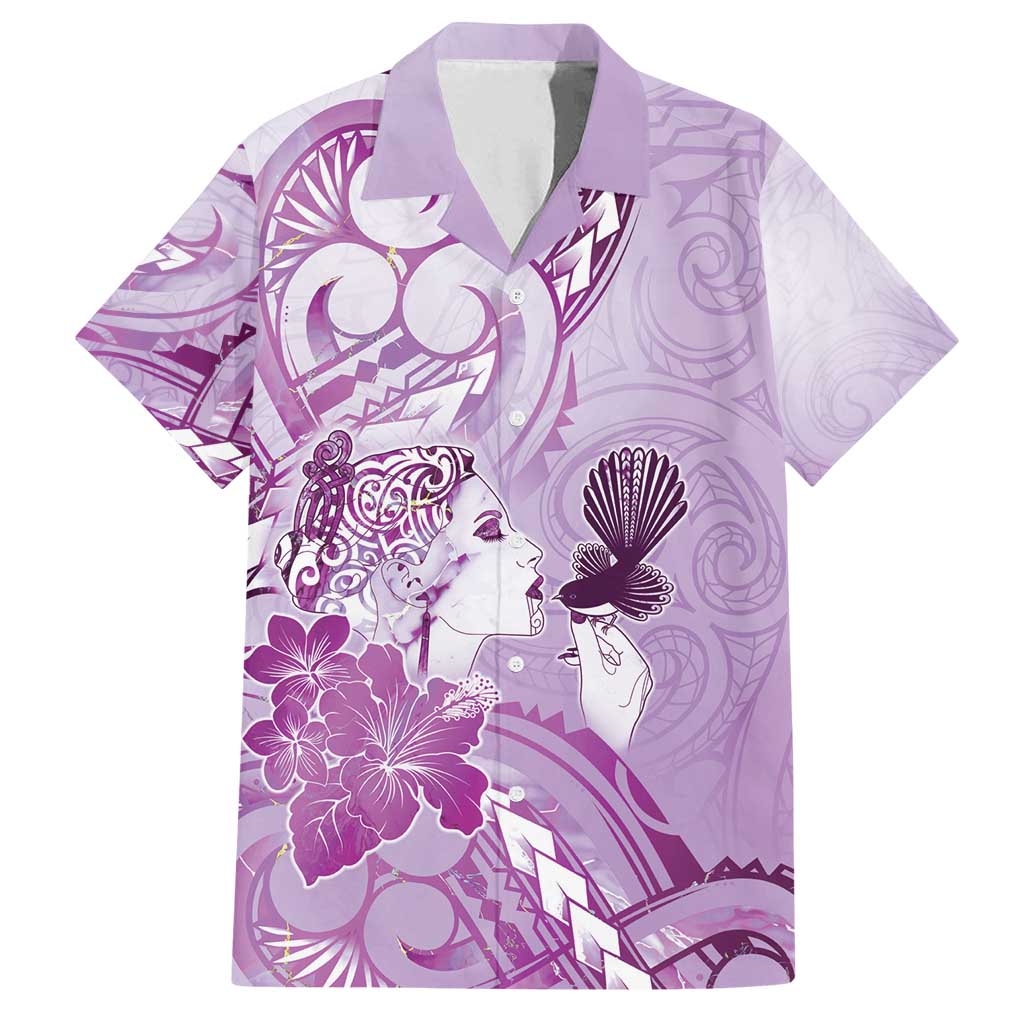Aotearoa Maori Wahine Family Matching Long Sleeve Bodycon Dress and Hawaiian Shirt Fantail Bird Purple Gold Marble LT05 Dad's Shirt - Short Sleeve Purple - Polynesian Pride