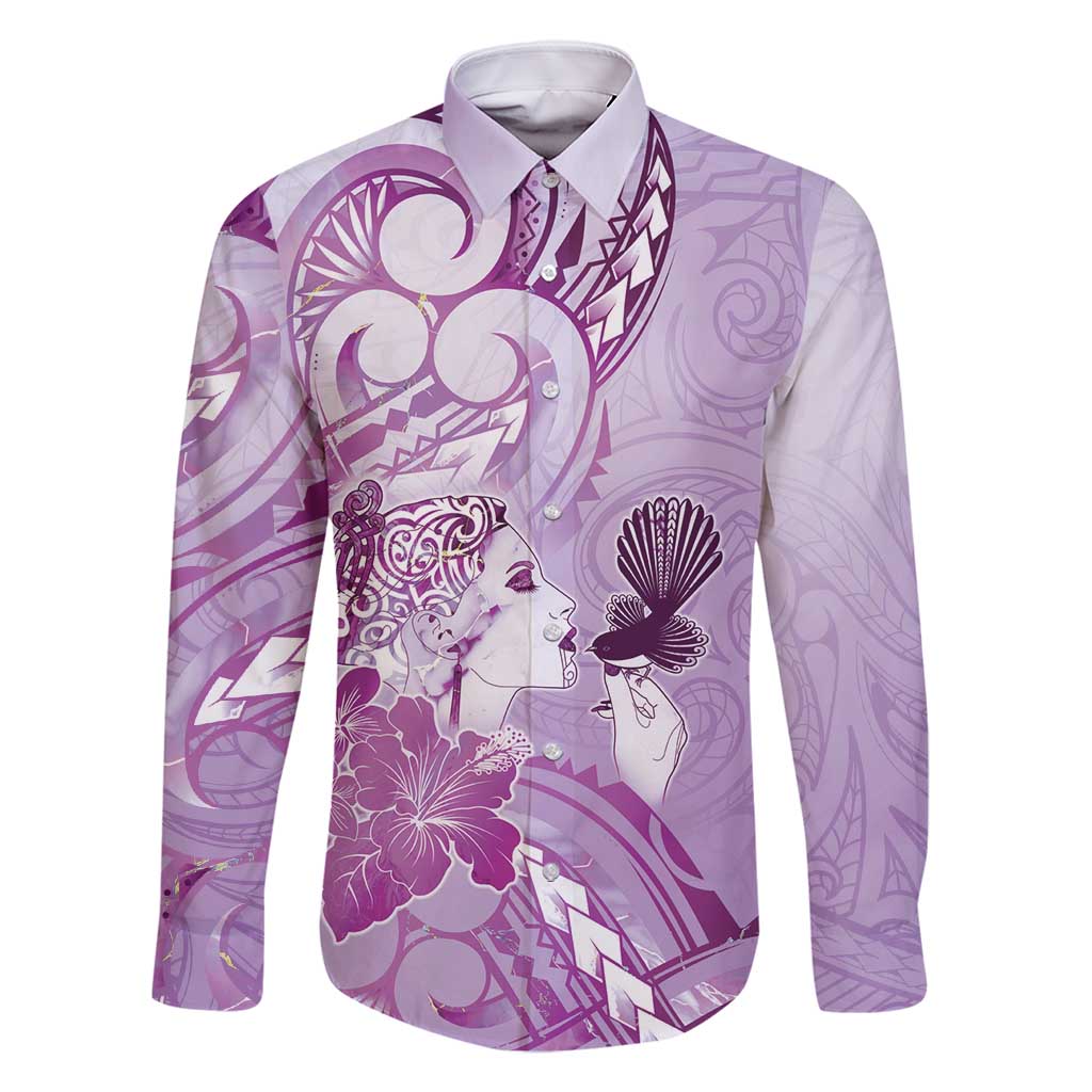 Aotearoa Maori Wahine Family Matching Mermaid Dress and Hawaiian Shirt Fantail Bird Purple Gold Marble LT05 Dad's Shirt - Long Sleeve Purple - Polynesian Pride