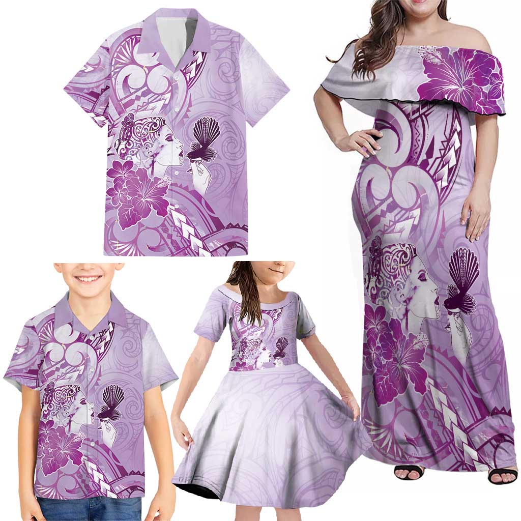 Aotearoa Maori Wahine Family Matching Off Shoulder Maxi Dress and Hawaiian Shirt Fantail Bird Purple Gold Marble