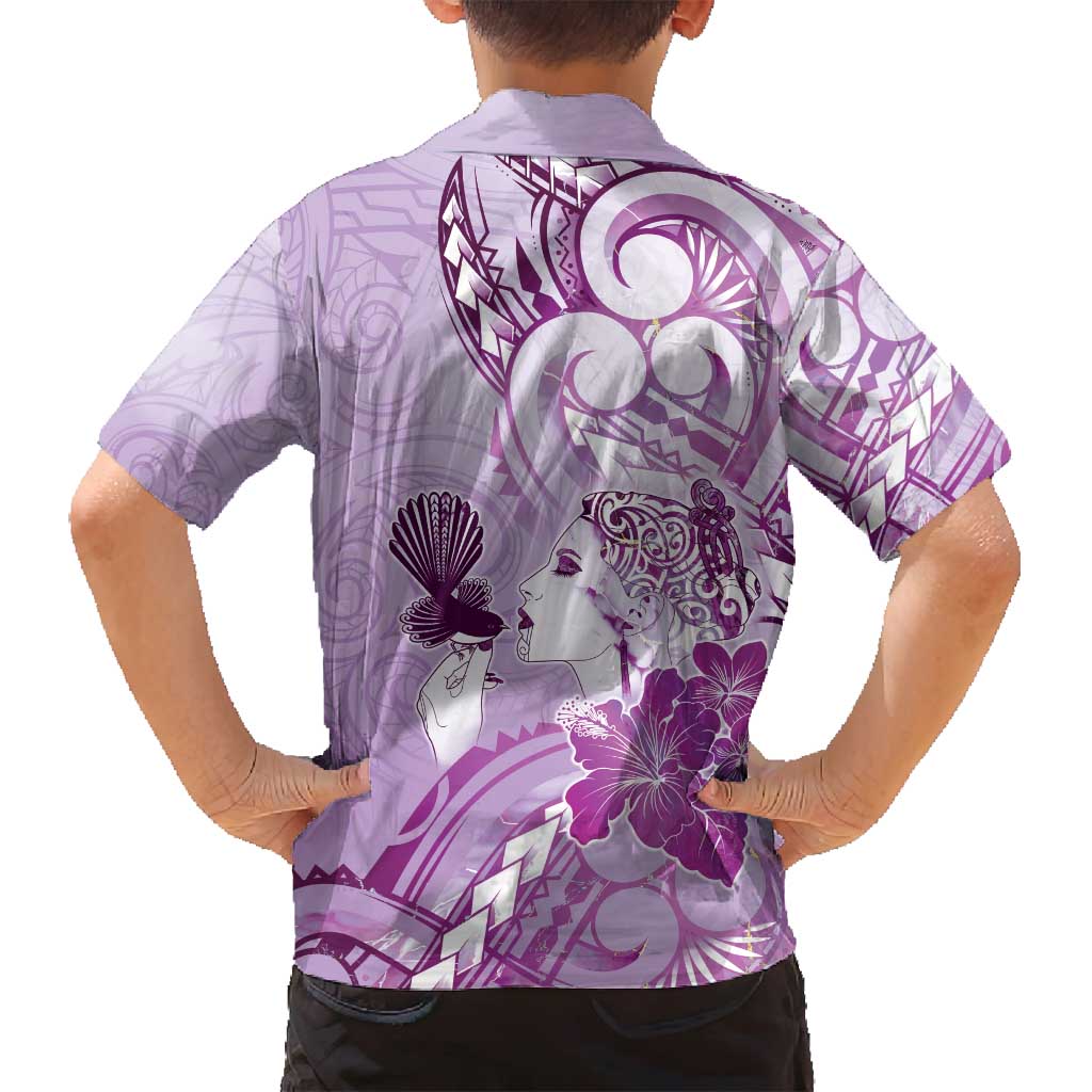 Aotearoa Maori Wahine Family Matching Off Shoulder Short Dress and Hawaiian Shirt Fantail Bird Purple Gold Marble