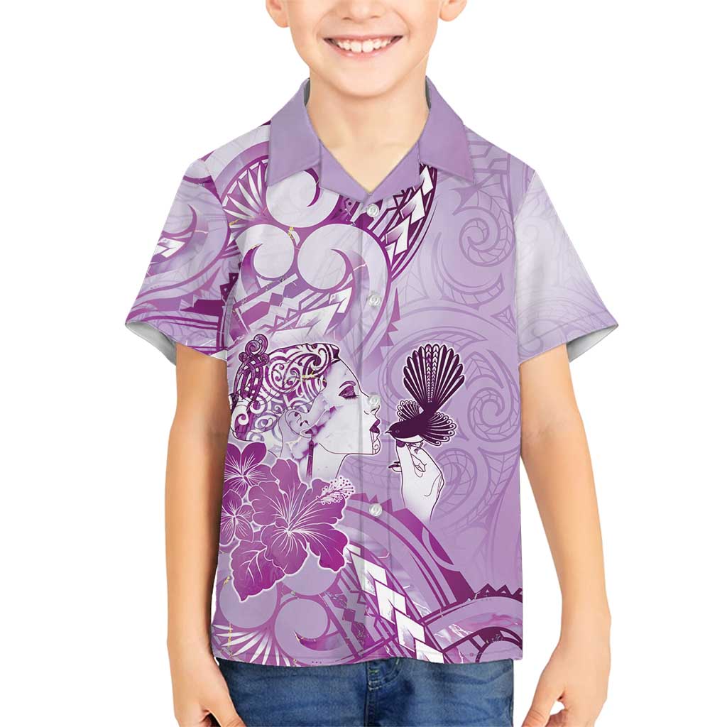 Aotearoa Maori Wahine Family Matching Off Shoulder Short Dress and Hawaiian Shirt Fantail Bird Purple Gold Marble