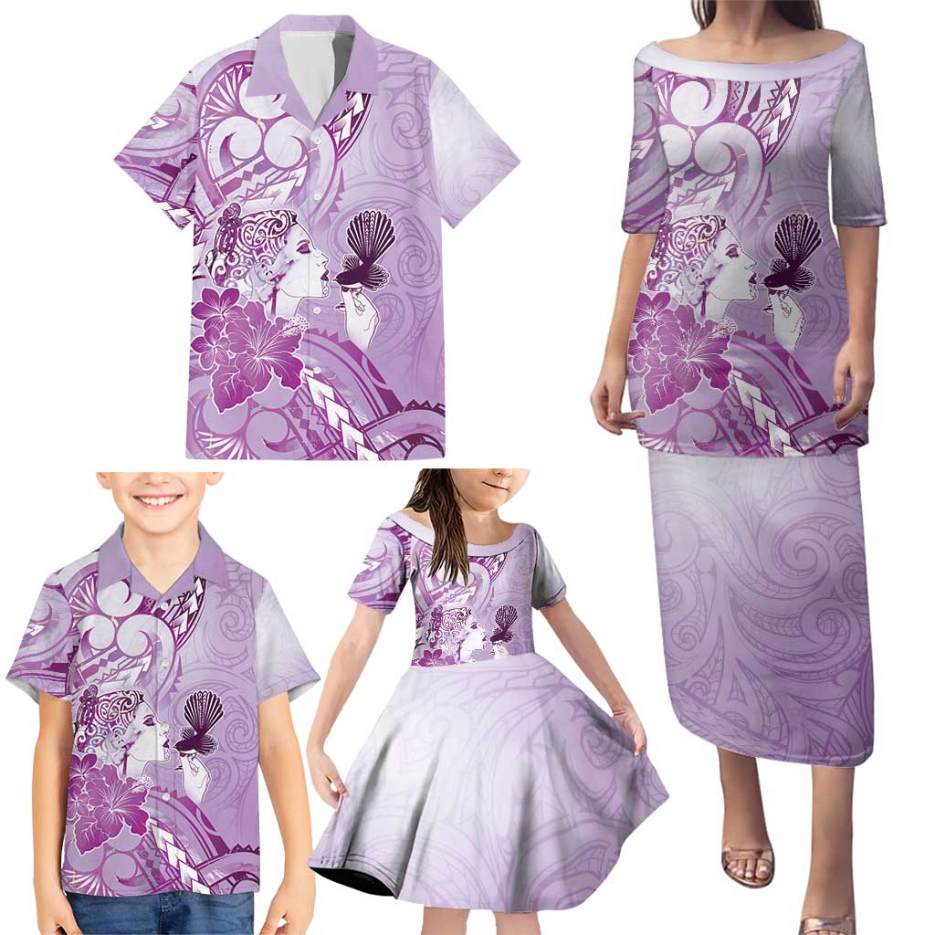 Aotearoa Maori Wahine Family Matching Puletasi and Hawaiian Shirt Fantail Bird Purple Gold Marble