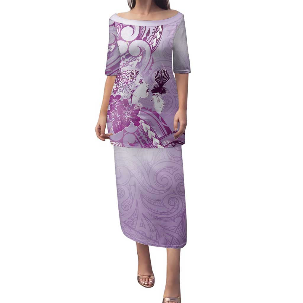 Aotearoa Maori Wahine Family Matching Puletasi and Hawaiian Shirt Fantail Bird Purple Gold Marble